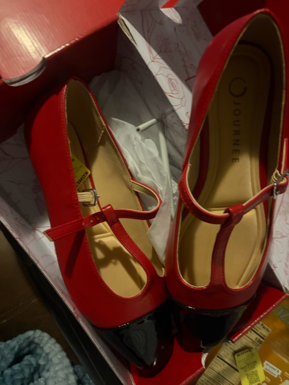 Journee Collection Red T-Strap Flats with Black Cap Toe - Picture 3 of 5